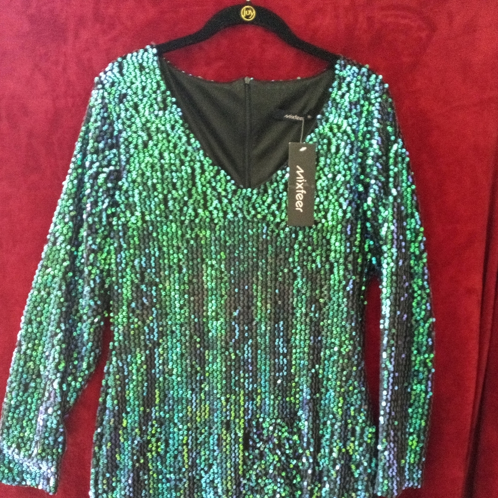 Green and blue sequined dress